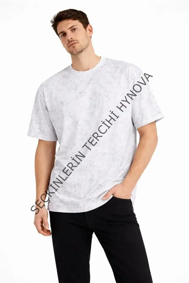 Erkek Asit Yıkama Bisiklet Yaka Kısa Kollu Oversize T-Shirt Tişört - Beyaz