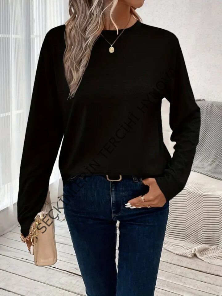 Kadın Uzun Kollu Bisiklet Yaka Viskon Bluz