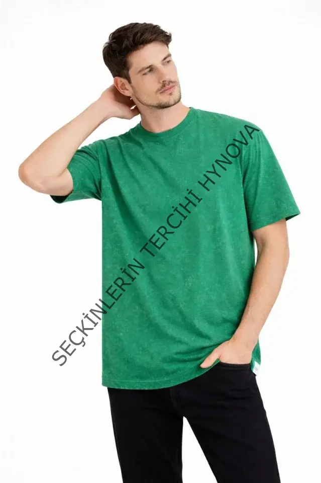 Erkek Asit Yıkama Bisiklet Yaka Kısa Kollu Oversize T-Shirt Tişört - Yeşil