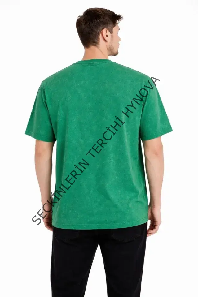 Erkek Asit Yıkama Bisiklet Yaka Kısa Kollu Oversize T-Shirt Tişört - Yeşil