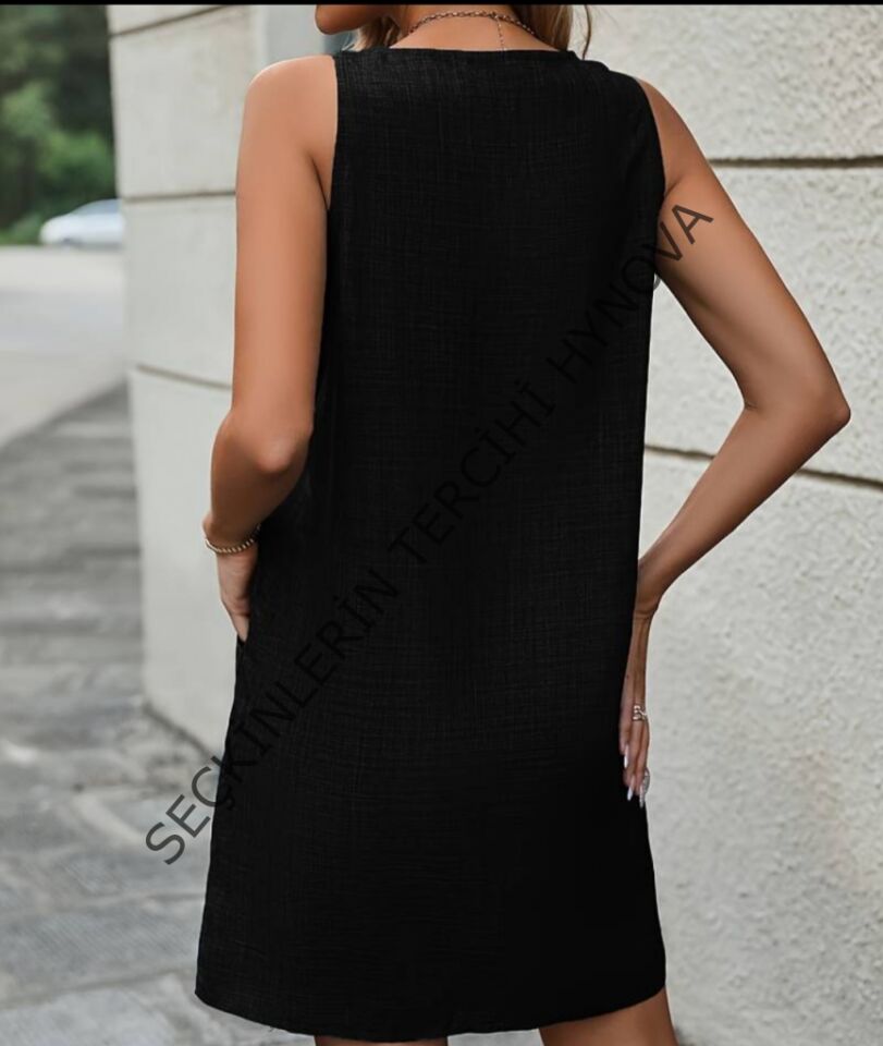 Kadın Kolsuz Kalın Askılı Düğme Detay Cepli Keten Elbise