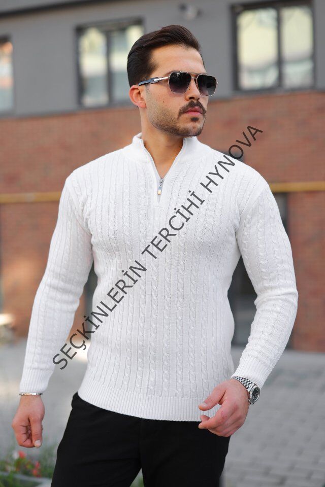 Erkek Örgü Desen Zip Yaka Triko