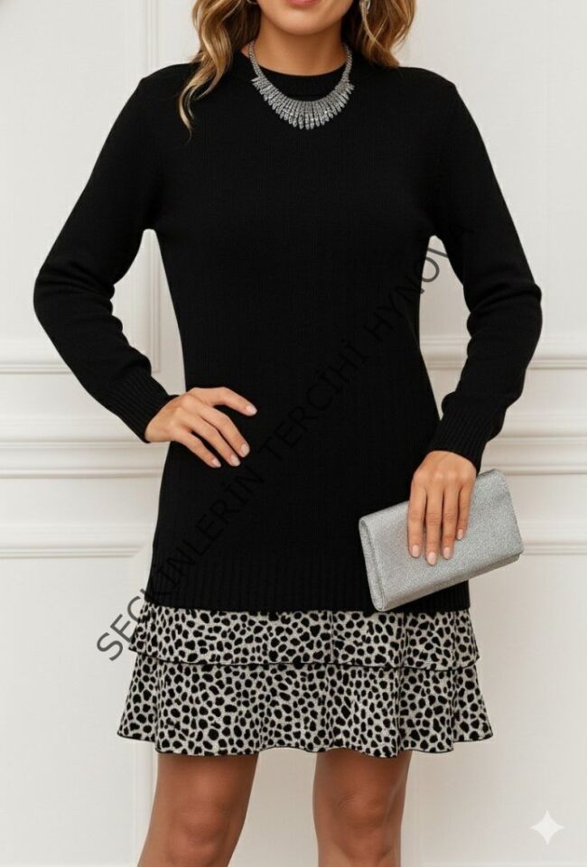 Kadın Uzun Kollu üst şardonlu Kaşkorse Alt Süprem Desenli Elbise