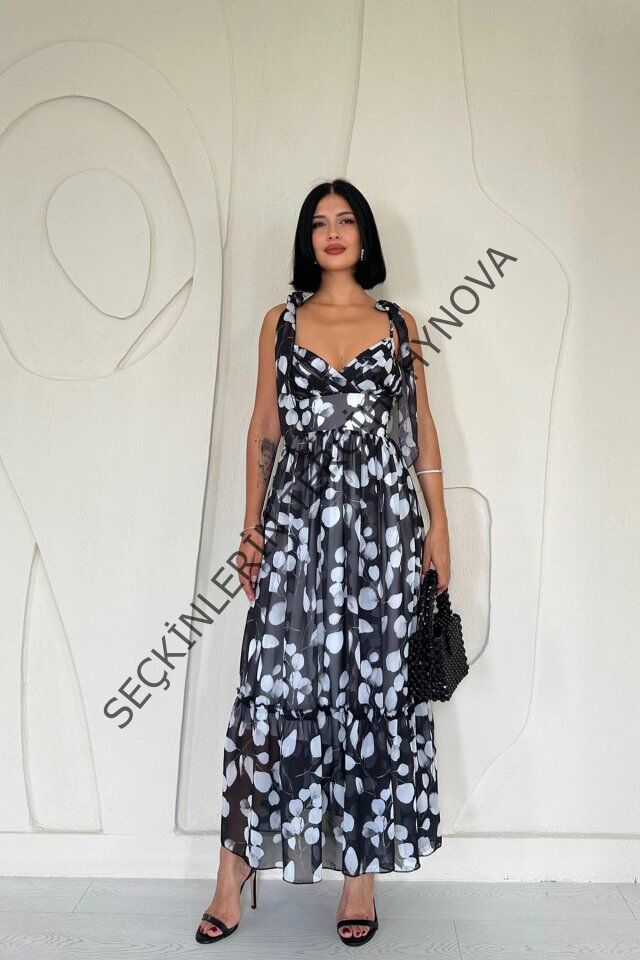 Siyah Şifon Drapeli Elbise