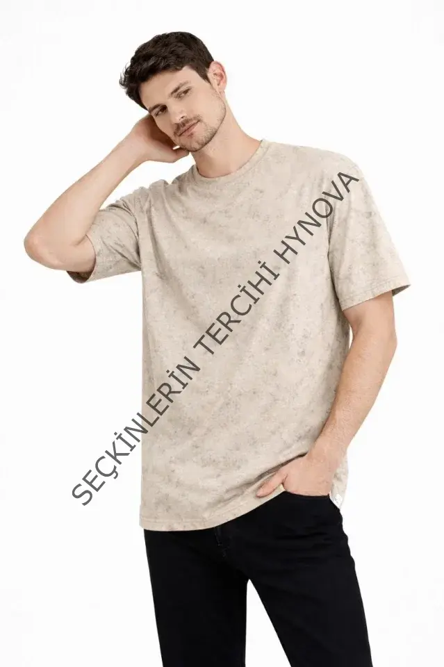 Erkek Asit Yıkama Bisiklet Yaka Kısa Kollu Oversize T-Shirt Tişört - Bej