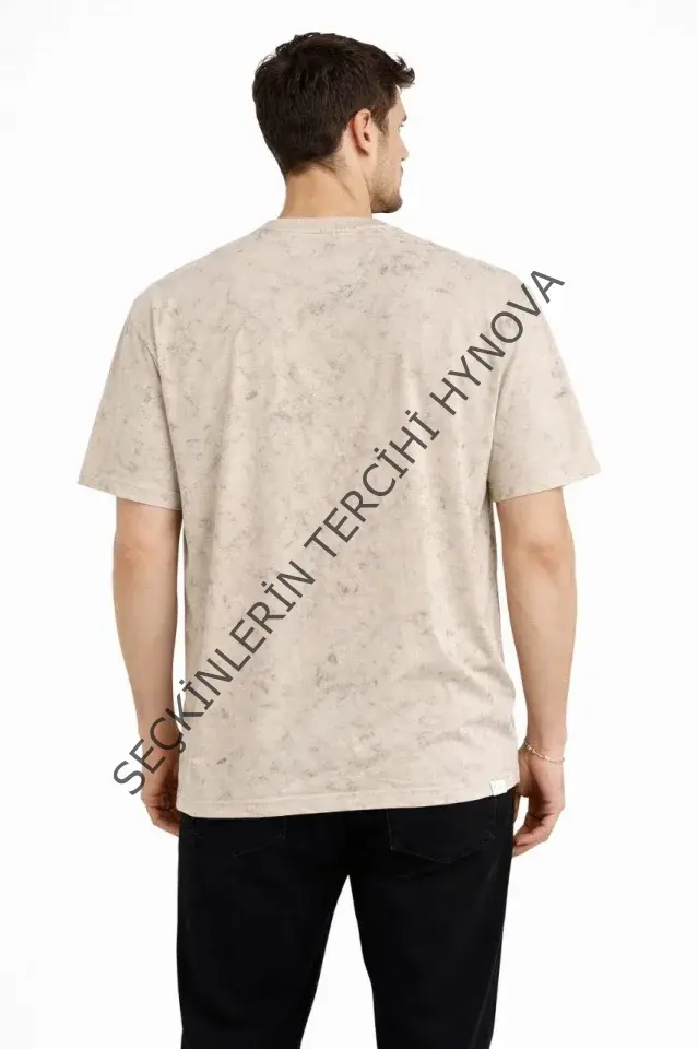 Erkek Asit Yıkama Bisiklet Yaka Kısa Kollu Oversize T-Shirt Tişört - Bej