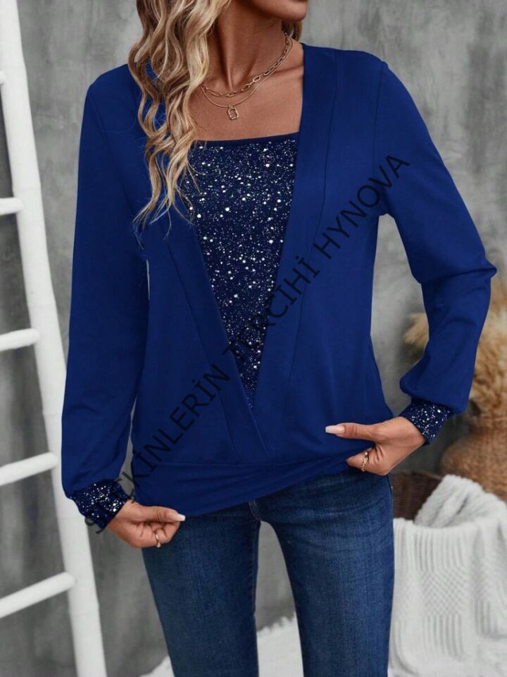 Kadın Uzun Kollu V Yakalı Içi Süprem Desenli Dışı Viskon Bluz