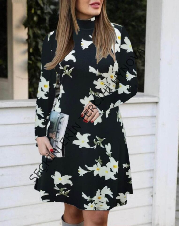 Kadın Balıkçı Yaka Uzun Kollu çiçek Desenli Krep Elbise