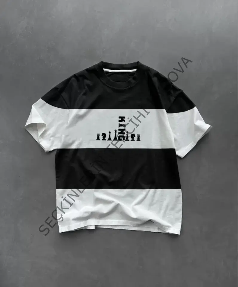 Unisex Bisiklet Yaka Baskılı Parçalı Oversize T-Shirt - Siyah