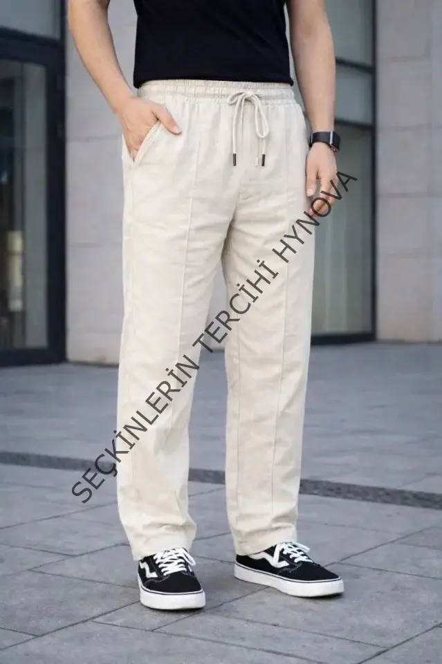 Erkek Keten Cepli Çıma Dikişli Jogger Buggy Pantalon Rahat Kalıp - Krem
