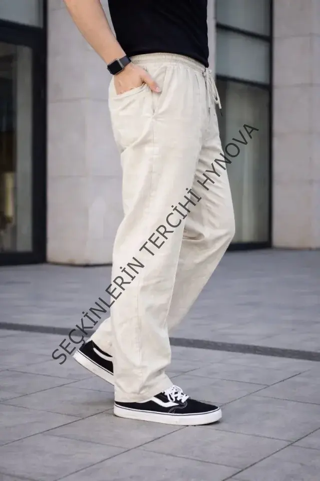 Erkek Keten Cepli Çıma Dikişli Jogger Buggy Pantalon Rahat Kalıp - Krem