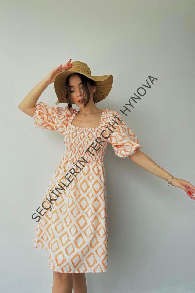 Oranj Kare Desenli Yazlık Elbise