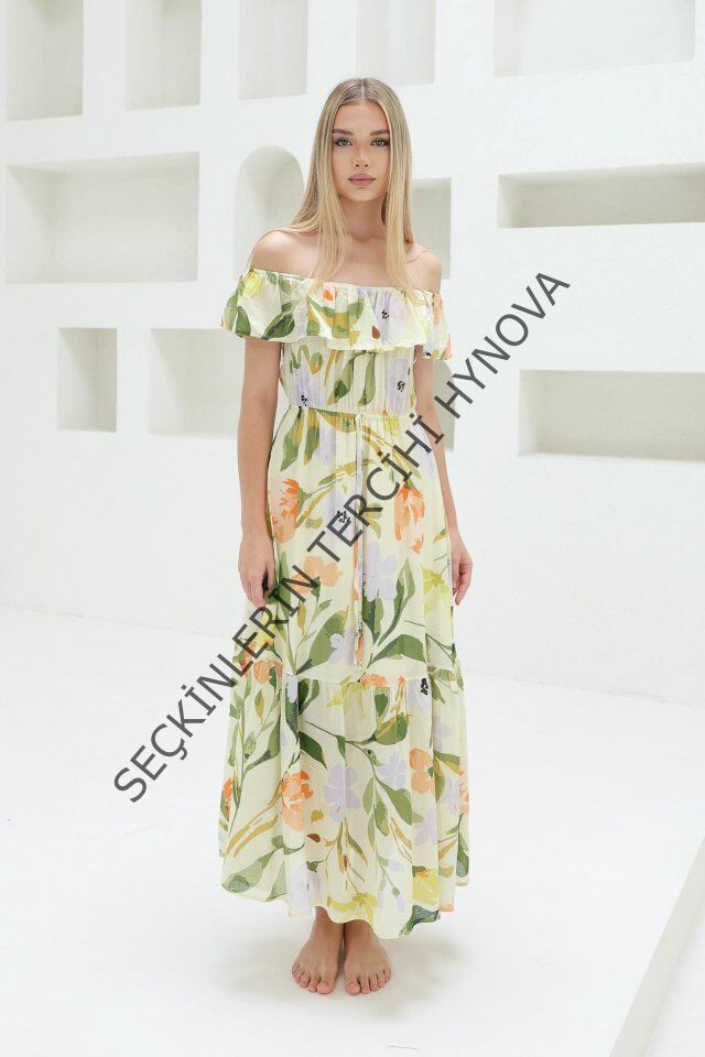 Madonna Yaka Elbise - Yeşil - Ekru