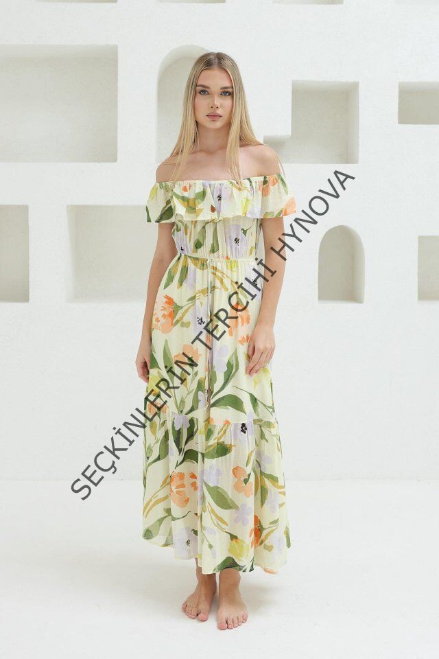 Madonna Yaka Elbise - Yeşil - Ekru