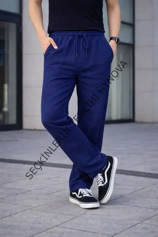 Erkek Keten Cepli Çıma Dikişli Jogger Buggy Pantalon Rahat Kalıp - Lacivert