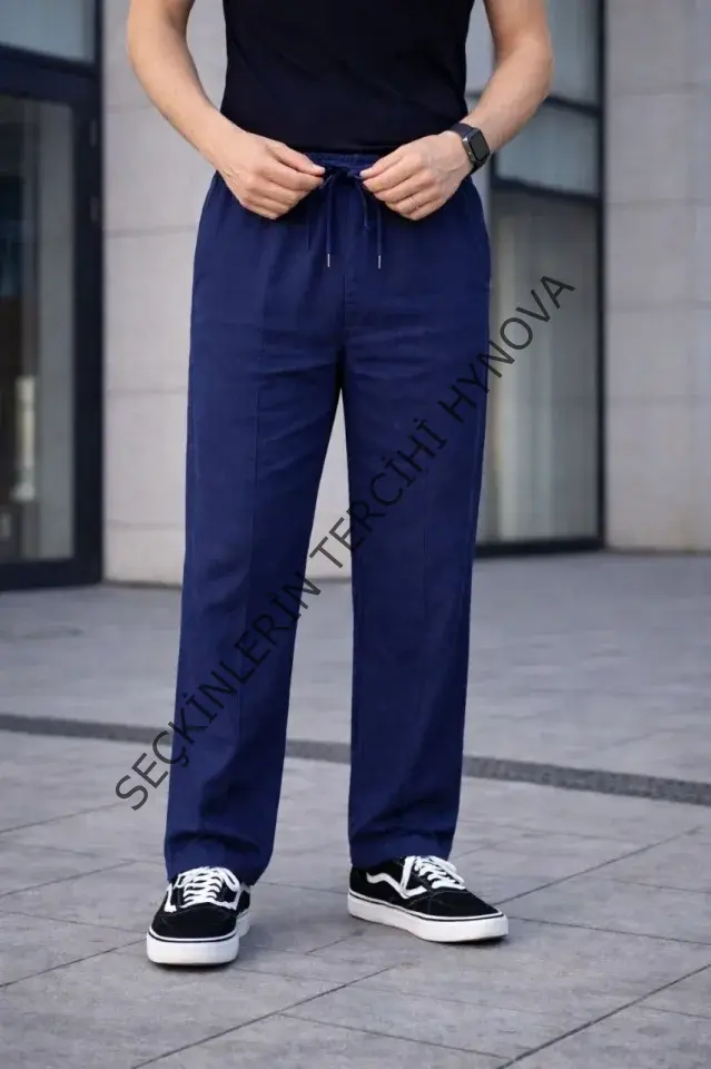 Erkek Keten Cepli Çıma Dikişli Jogger Buggy Pantalon Rahat Kalıp - Lacivert