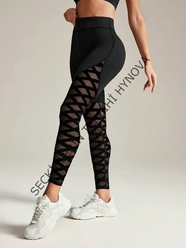 Kadın Yüksek Bel çapraz Desen Tül Detaylı Spor Dalgıç Tayt