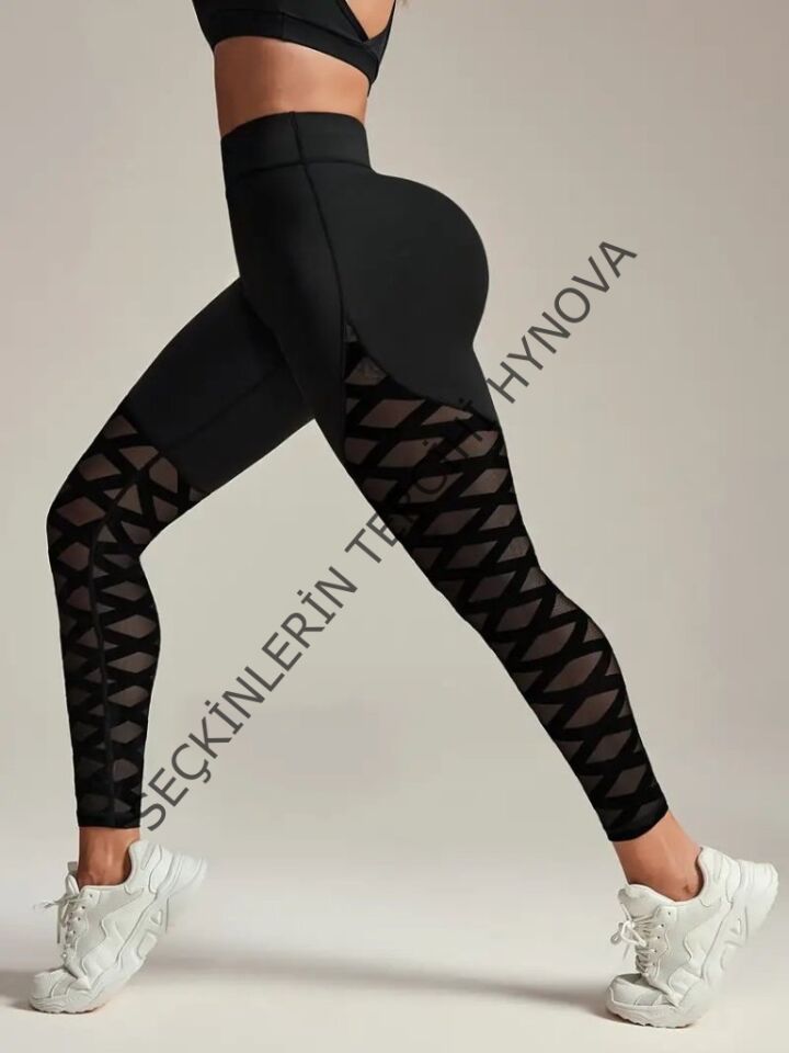 Kadın Yüksek Bel çapraz Desen Tül Detaylı Spor Dalgıç Tayt