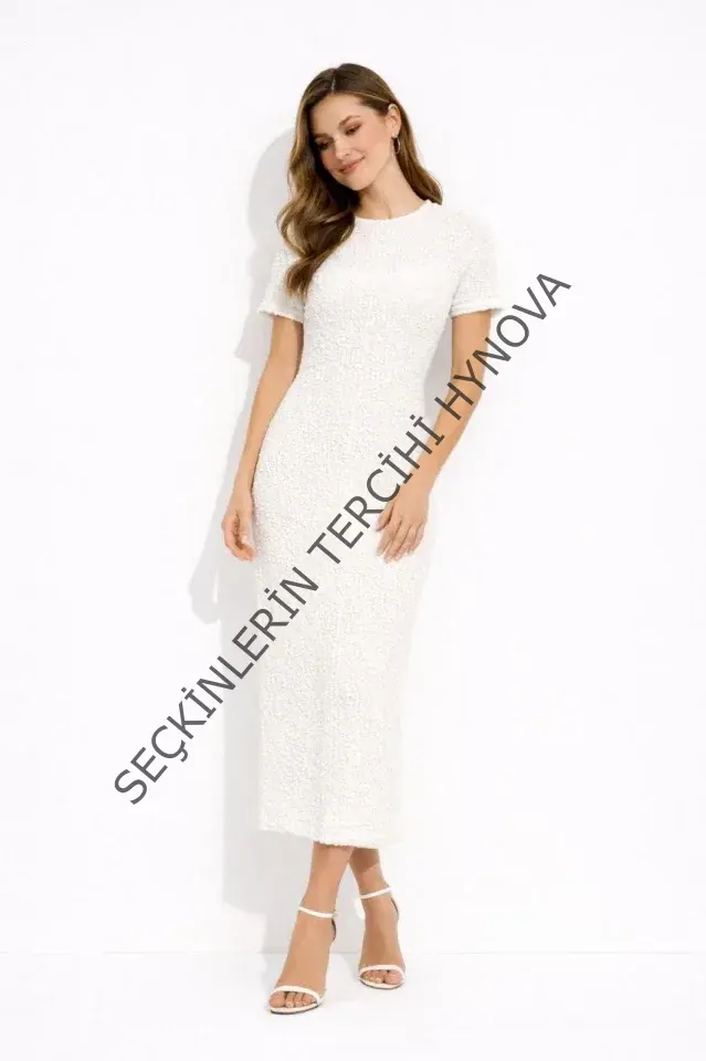 Beyaz Kısa Kollu Arkası Yırtmaçlı Uzun Elbise + İç Göstermeyen Askılı Mini Elbiseli - Beyaz