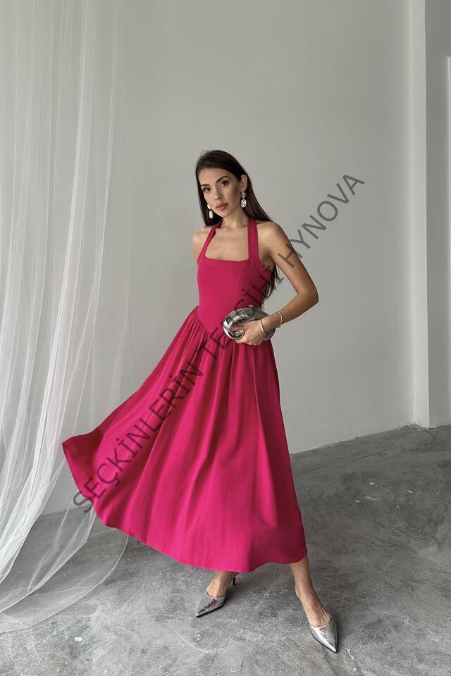 Fuşya Boyundan Bağlamalı Keten Elbise