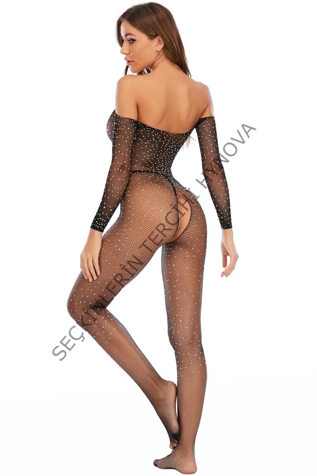 Kadın Siyah Taşlı Özel Bölgesi Açık Fantezi Vücut Çorabı