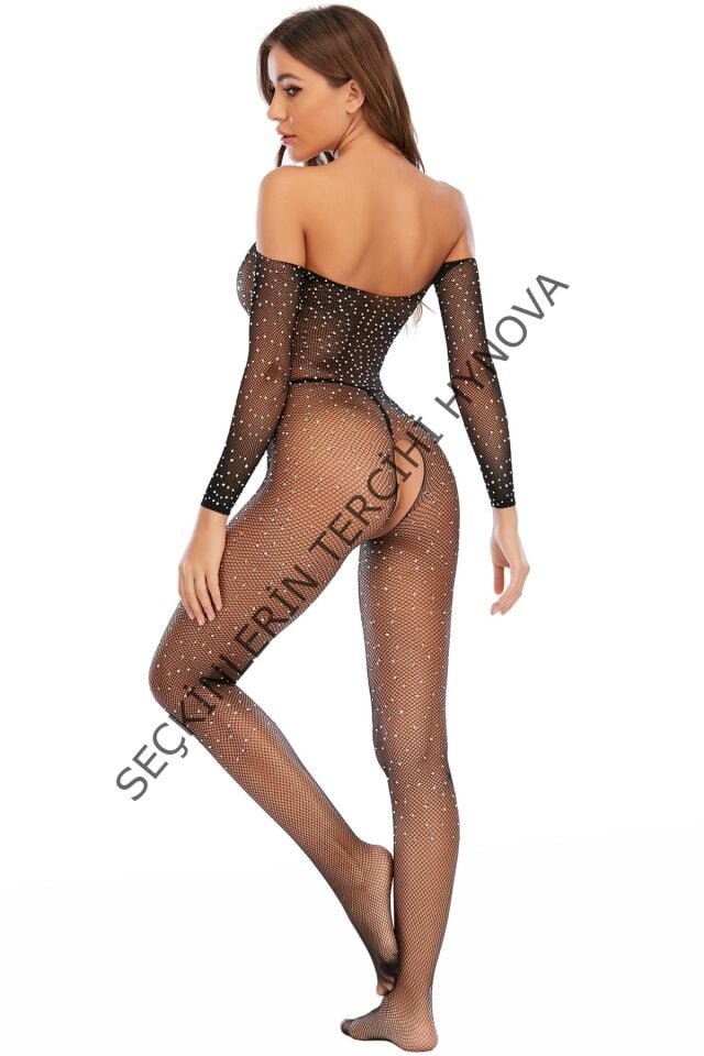 Kadın Siyah Taşlı Özel Bölgesi Açık Fantezi Vücut Çorabı