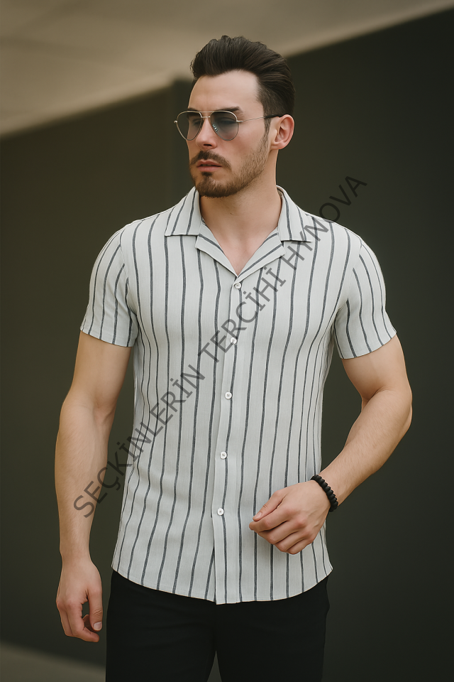 Erkek Kısa Kollu Gri çizgi Desenli örme Kumaş Pamuklu Gömlek