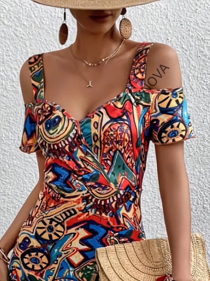 Kadın Omuzlardan Açıl Askılı Desenli Süprem Elbise