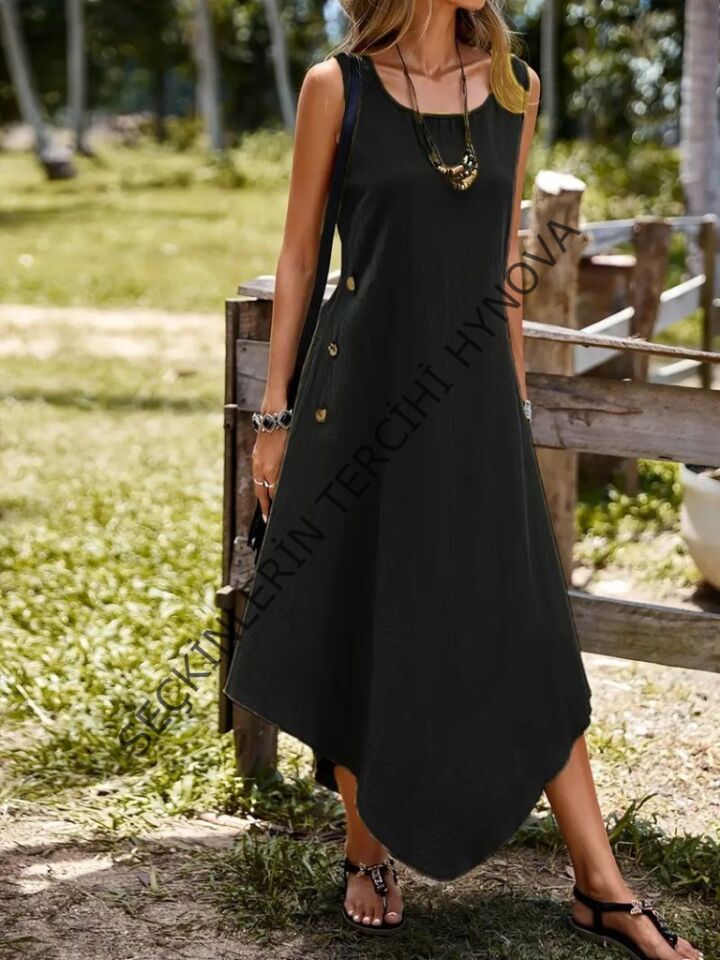 Kadın Askılı Yuvarlak Yaka Düğmeli Asimetrik Kesim Detaylı Ithal Keten Elbise