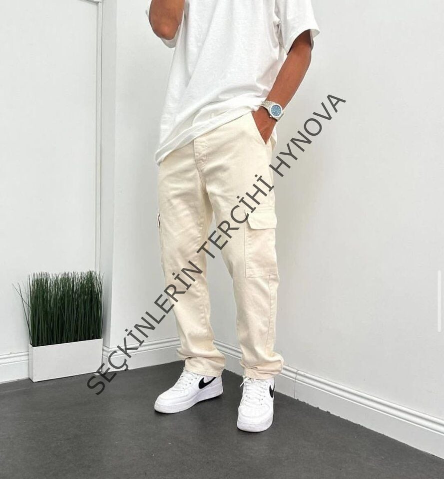 Erkek Krem Kargo Baggy Pantolon