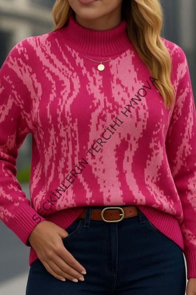 Kadın Uzun Kollu Balıkçı Yaka çok Renkli Triko Bluz