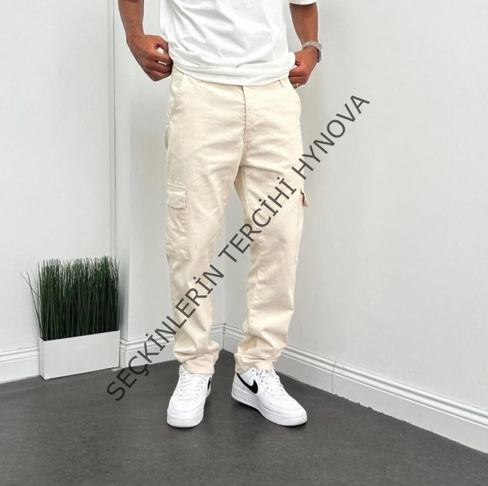 Erkek Krem Kargo Baggy Pantolon