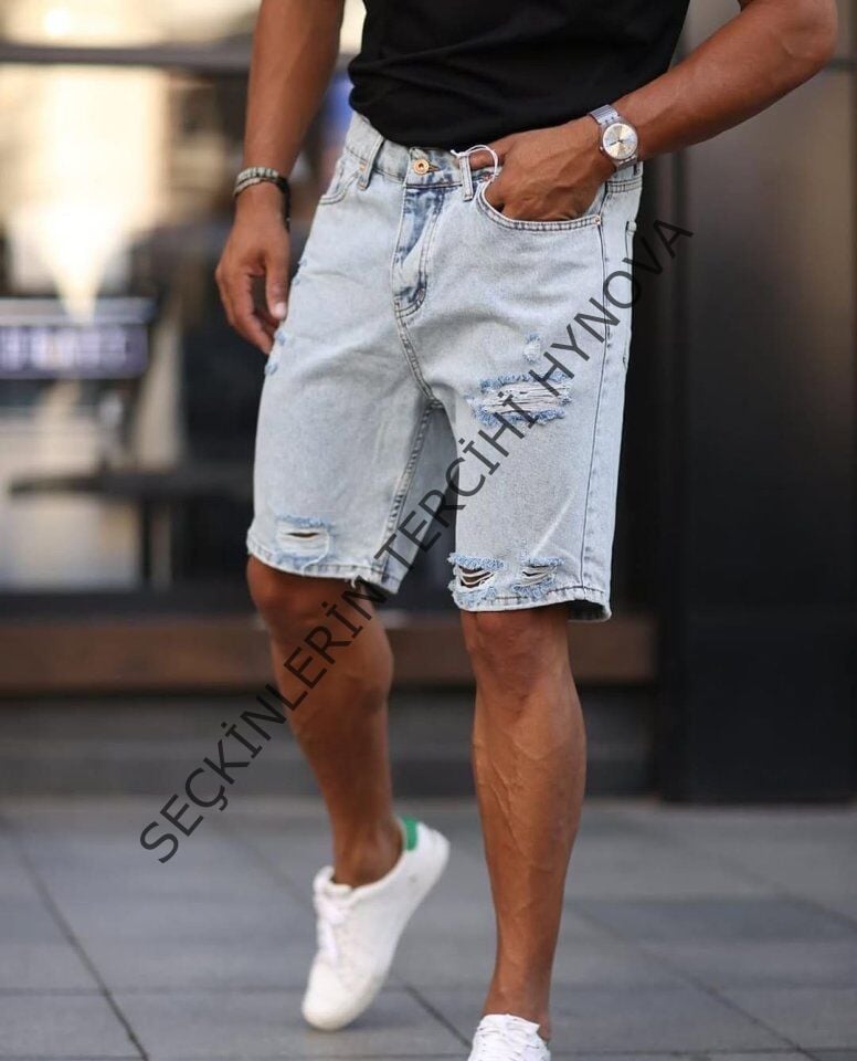 Erkek Açık Mavi Detaylı Kot Şort