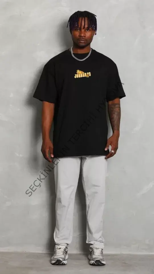 Unisex Bisiklet Yaka Baskılı Oversize T-Shirt - Siyah