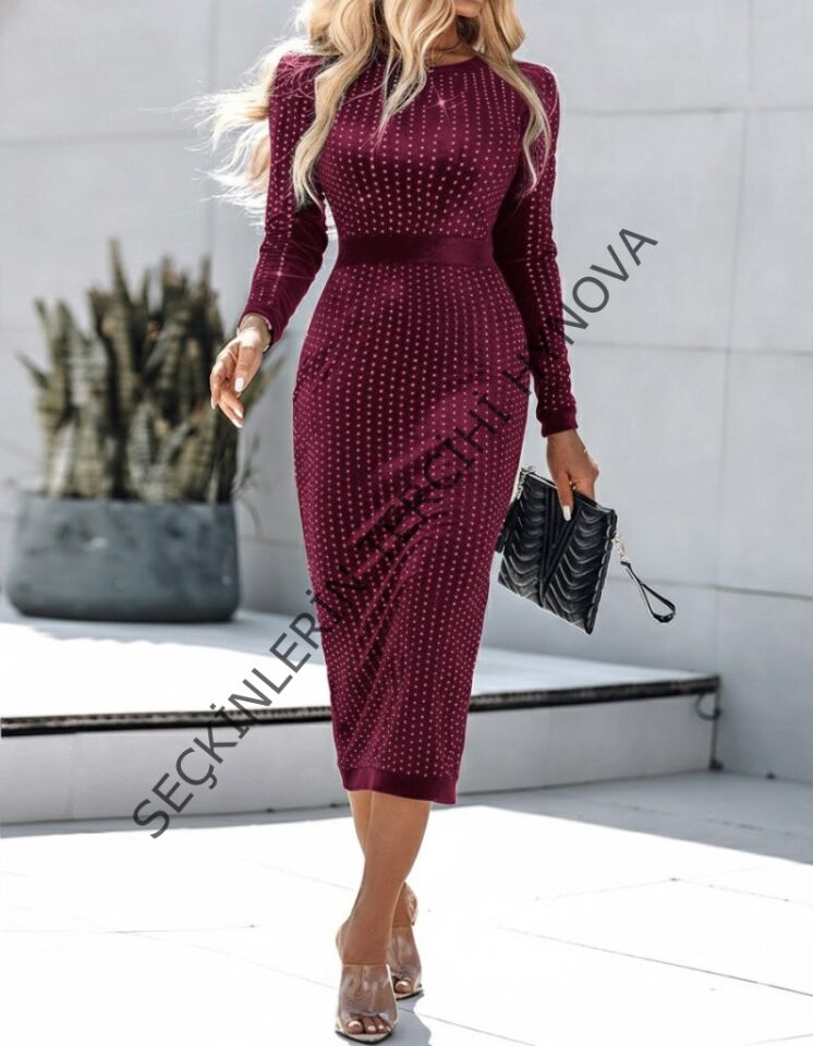 Kadın Uzun Kollu Bisiklet Yaka Taşlı Midi Kadife Elbise