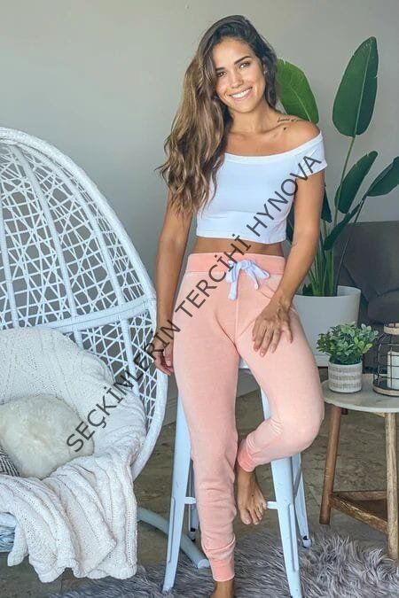 Kadın Kısa Kollu Madonna Yaka Viskon Crop Bluz Cepli Iki Iplik Eşofman Takım