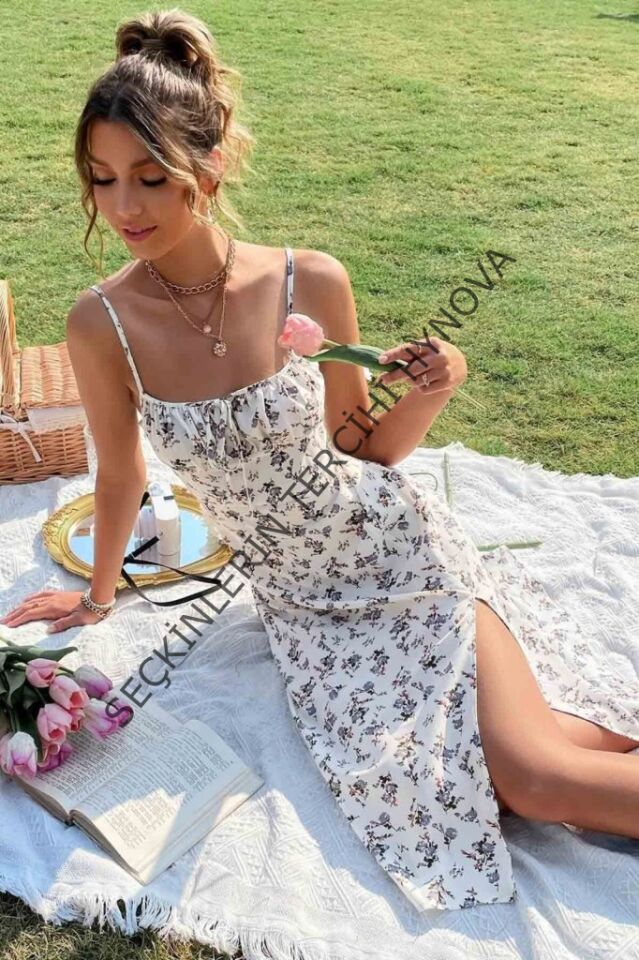 Kadın Ip Askılı Yakadan Bağcıklı Desenli Süprem Elbise