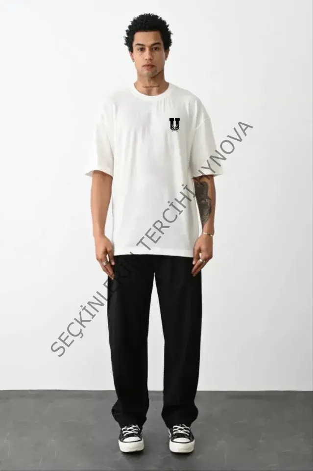 Unisex Bisiklet Yaka Baskılı Oversize T-Shirt - Beyaz