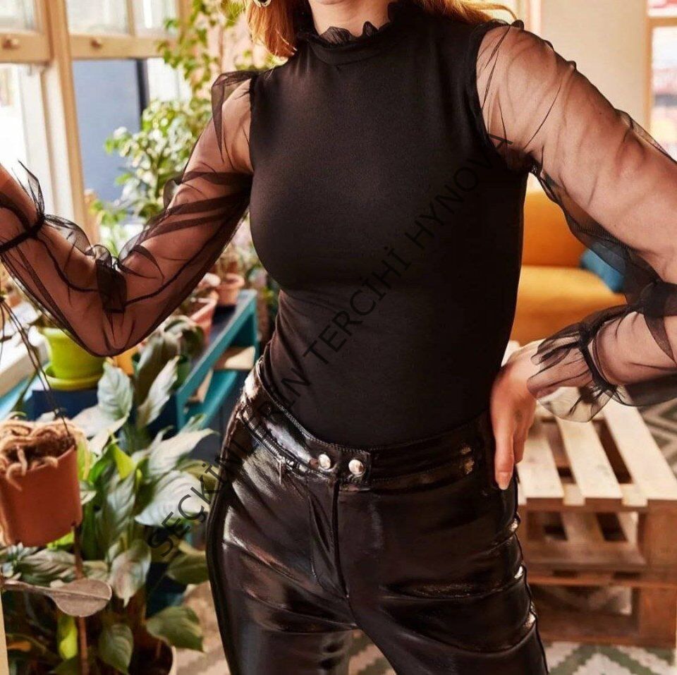 Kadın Kolları Tül Detaylı örme Krep Kumaş Bluz