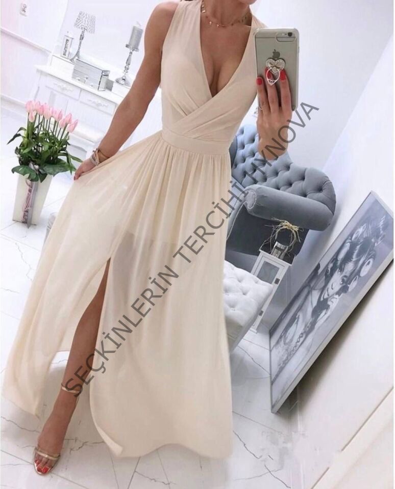 Kadın şifon Kumaş V Yaka Sıfır Kol Maxi Boy Elbise