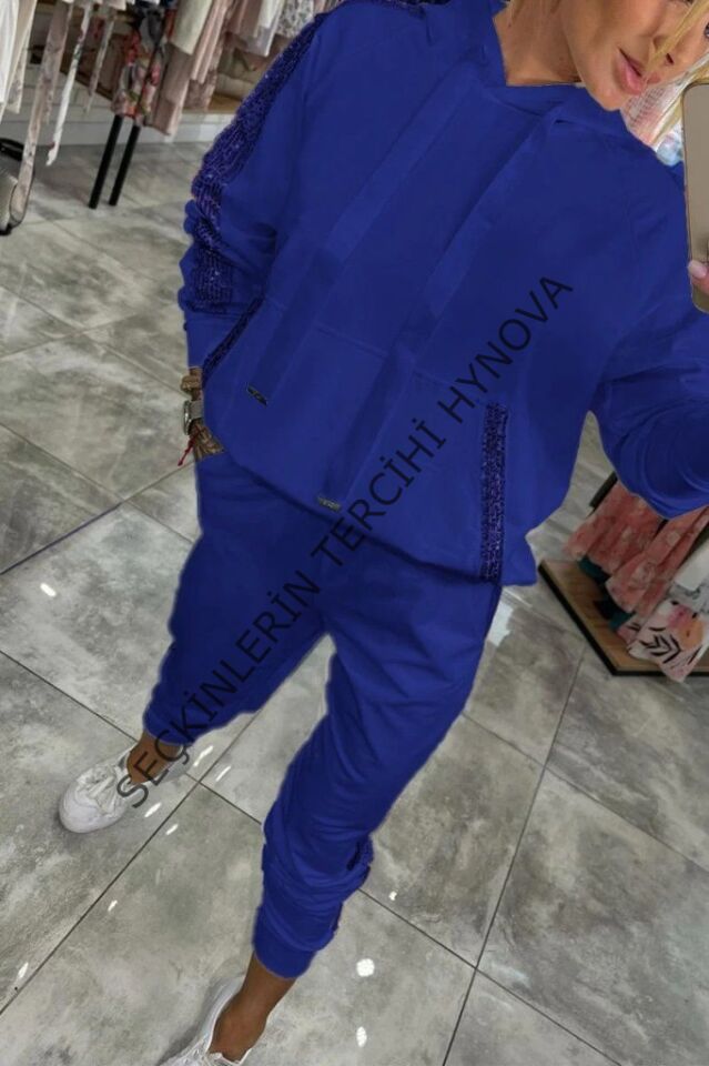 Kadın Uzun Kollu Kapşonlu Pulpayet Detay Viskon Iki Iplik Bluz Ve Pantolon Ikili Takım