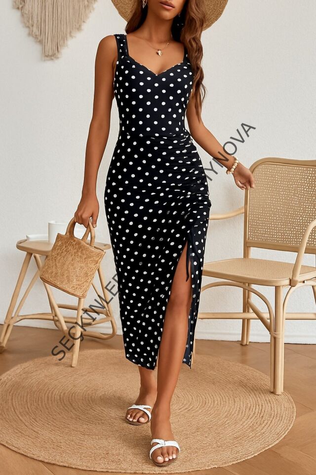 Kadın Askılı Yuvarlak Yaka Kalp Yaka Yandan Büzgülü Yırtmaç Detaylı Puantiyeli örme Krep Elbise