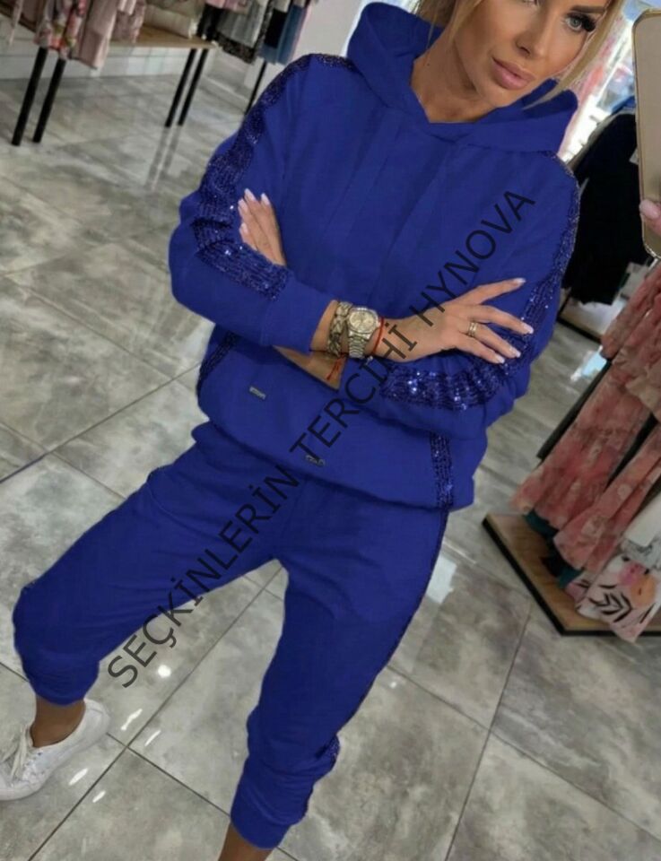 Kadın Uzun Kollu Kapşonlu Pulpayet Detay Viskon Iki Iplik Bluz Ve Pantolon Ikili Takım