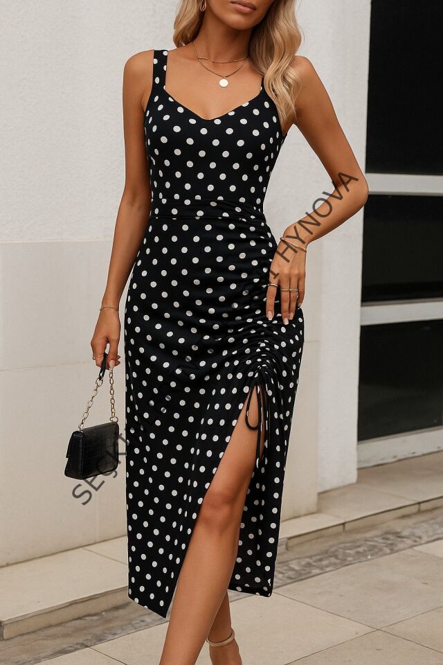 Kadın Askılı Yuvarlak Yaka Kalp Yaka Yandan Büzgülü Yırtmaç Detaylı Puantiyeli örme Krep Elbise