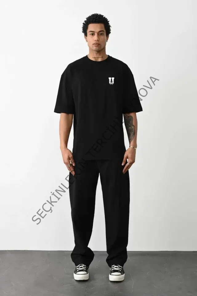 Unisex Bisiklet Yaka Baskılı Oversize T-Shirt - Siyah