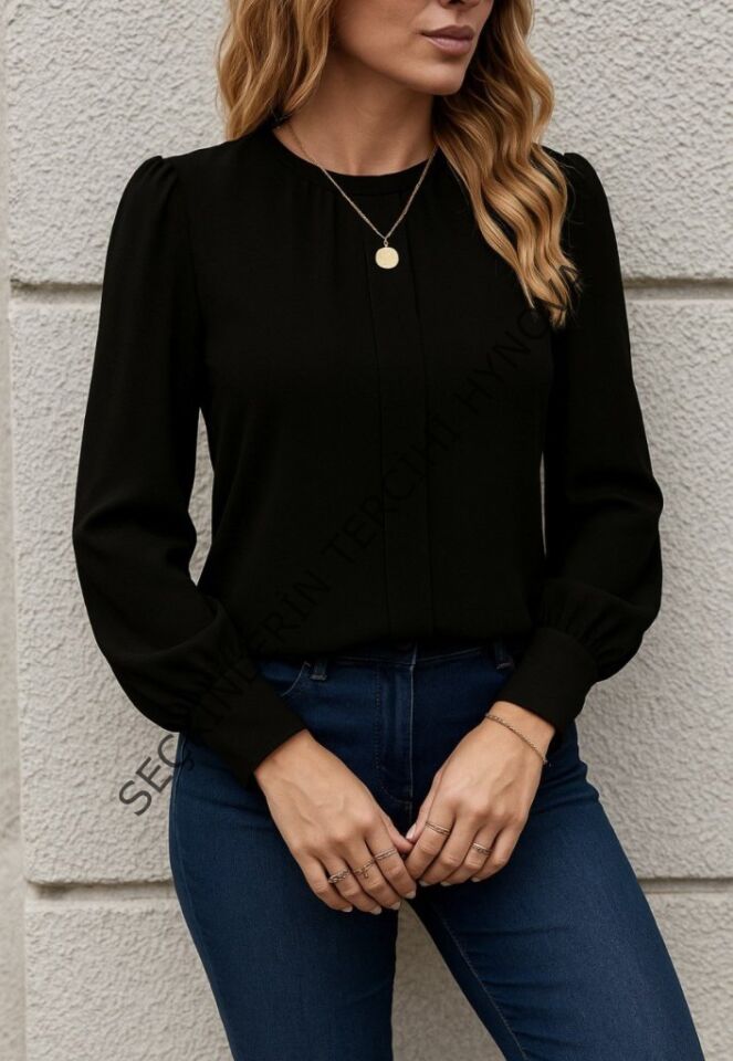 Kadın Uzun Kollu Bisiklet Yaka Pileli Ithal Krep Bluz