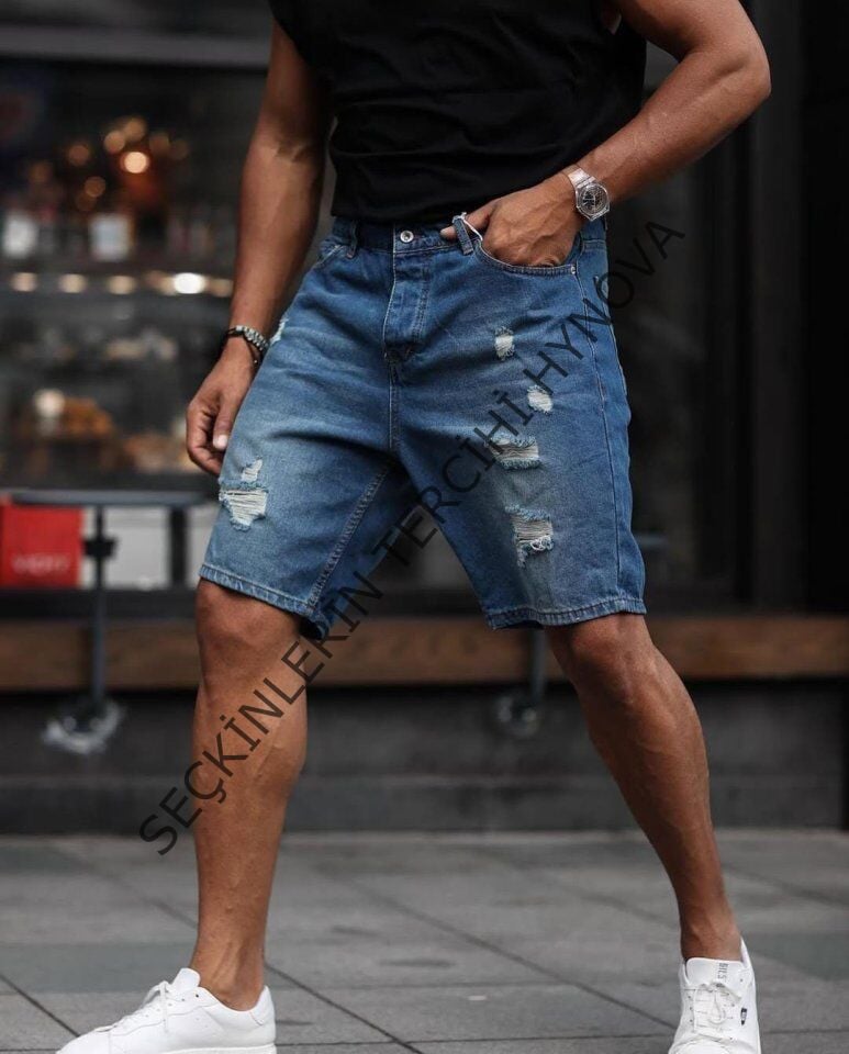 Erkek Mavi Yırtık Detaylı Şort