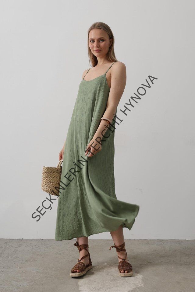 Askılı Uzun Çan Elbise - Haki