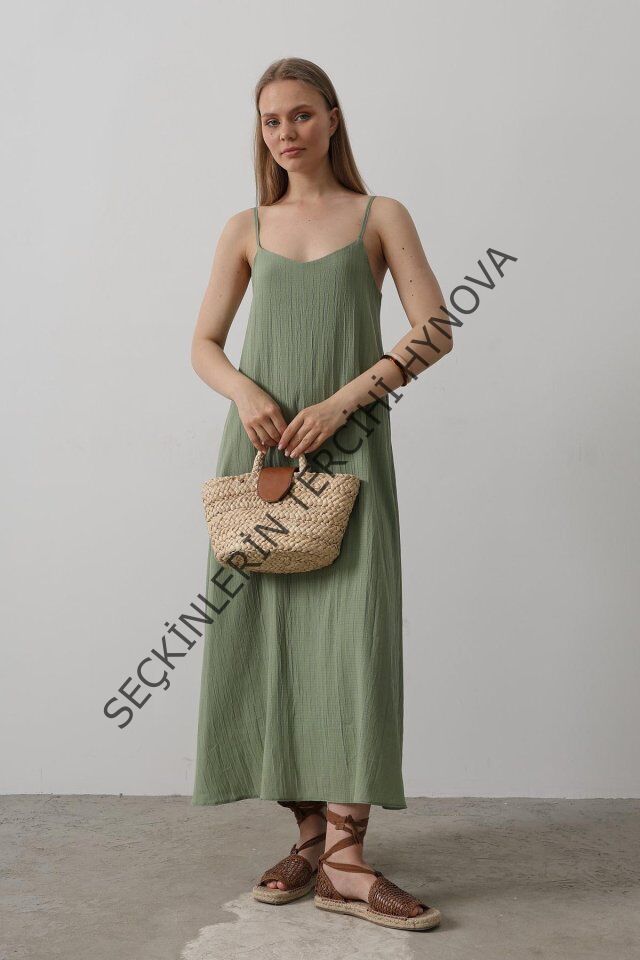 Askılı Uzun Çan Elbise - Haki