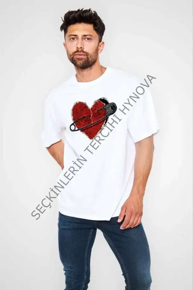 Unisex Bisiklet Yaka Baskılı Oversize T-Shirt - Beyaz